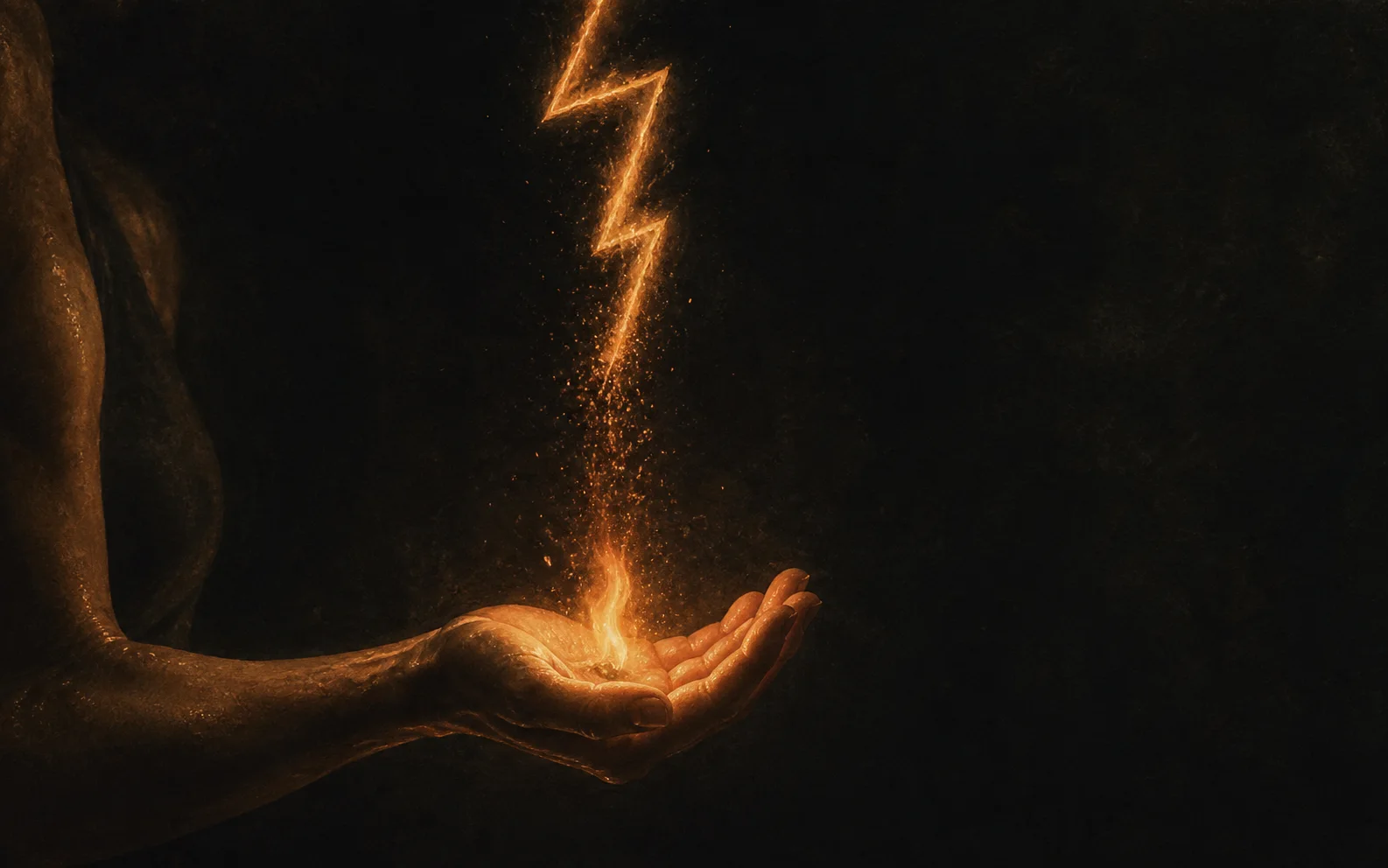 An anonymous hand cupped open beneath a bolt of light dissolving into embers that fall into the palm.