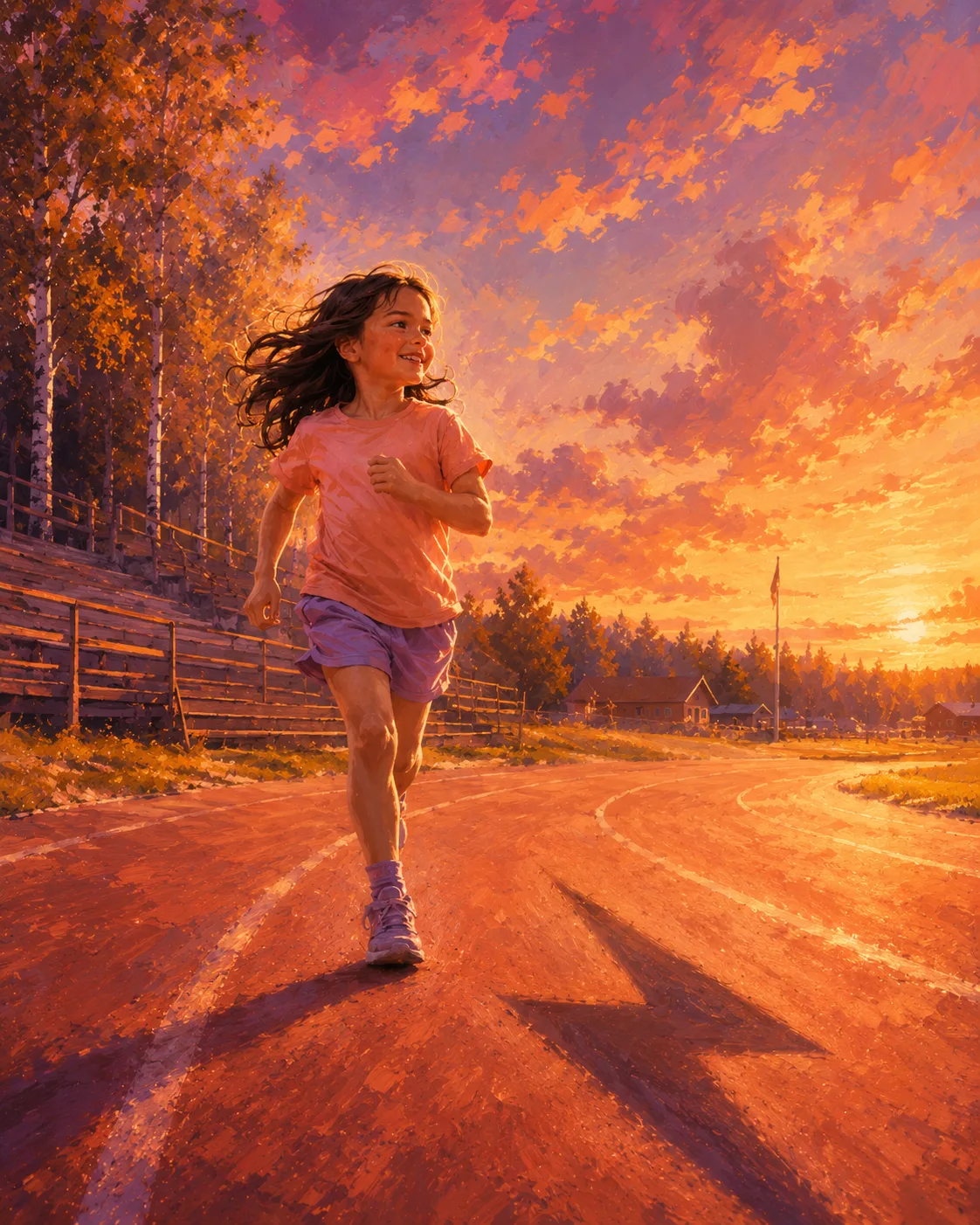 A young Nooralotta running along a Finnish track at sunset