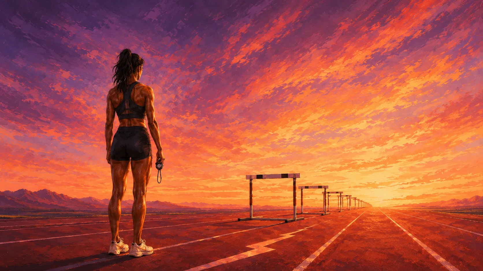 An athlete facing distant hurdles at sunset, jump rope in hand