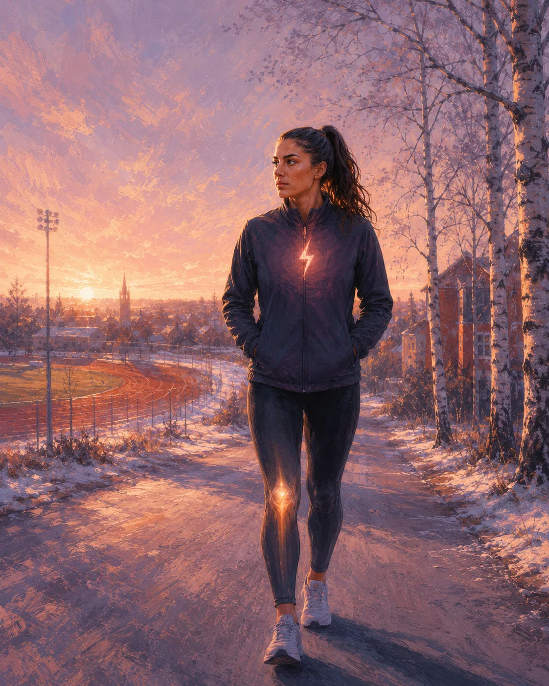 Nooralotta walking through a snowy Finnish street at dawn, the rehab knee subtly glowing